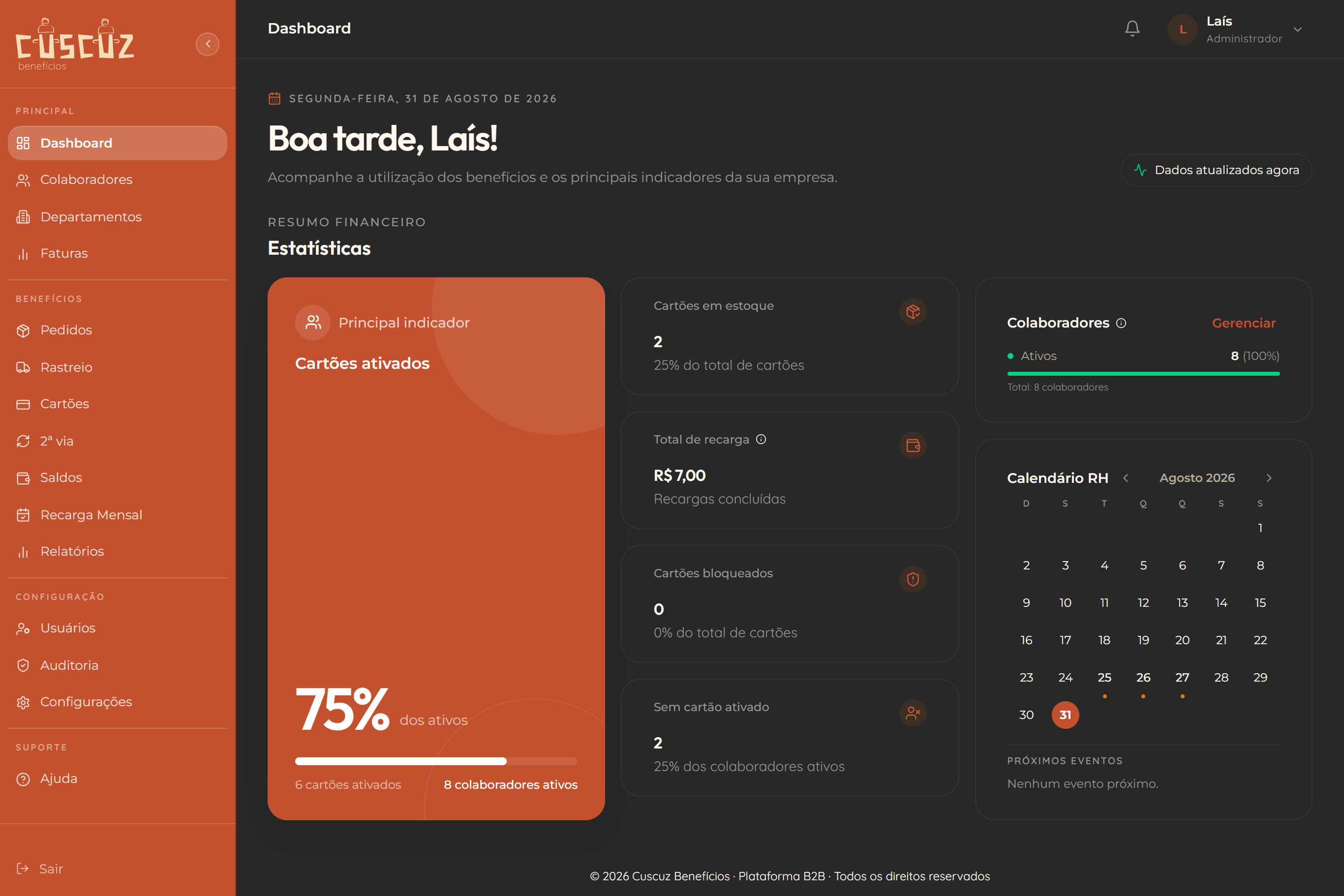 Dashboard do Portal RH mostrando o percentual de colaboradores com cartão ativado, cartões em estoque, total recarregado e o calendário de eventos do RH