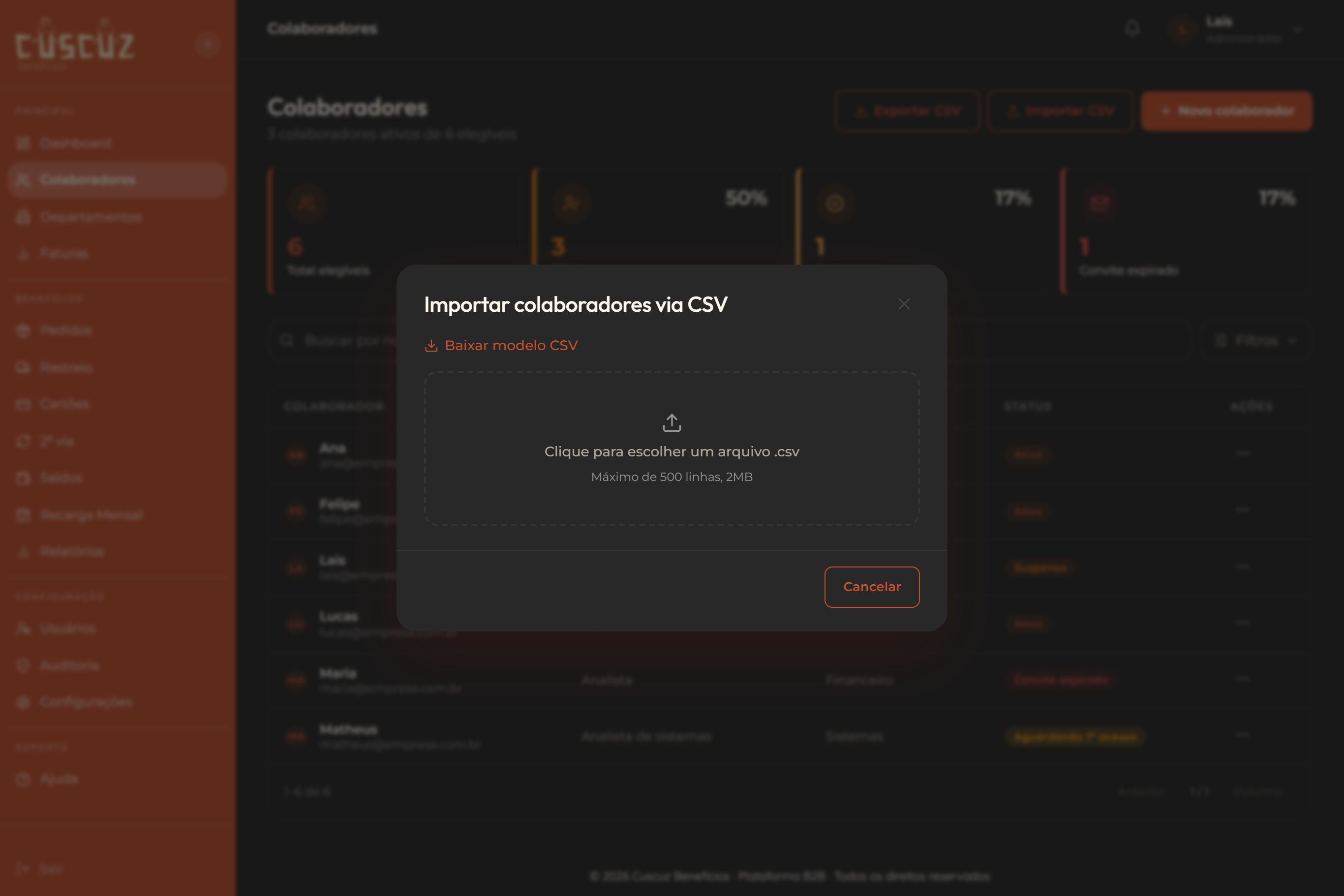 Modal de importação de colaboradores por CSV sobre a lista do Portal RH, com o botão para baixar o modelo, a área para escolher o arquivo e o limite de 500 linhas
