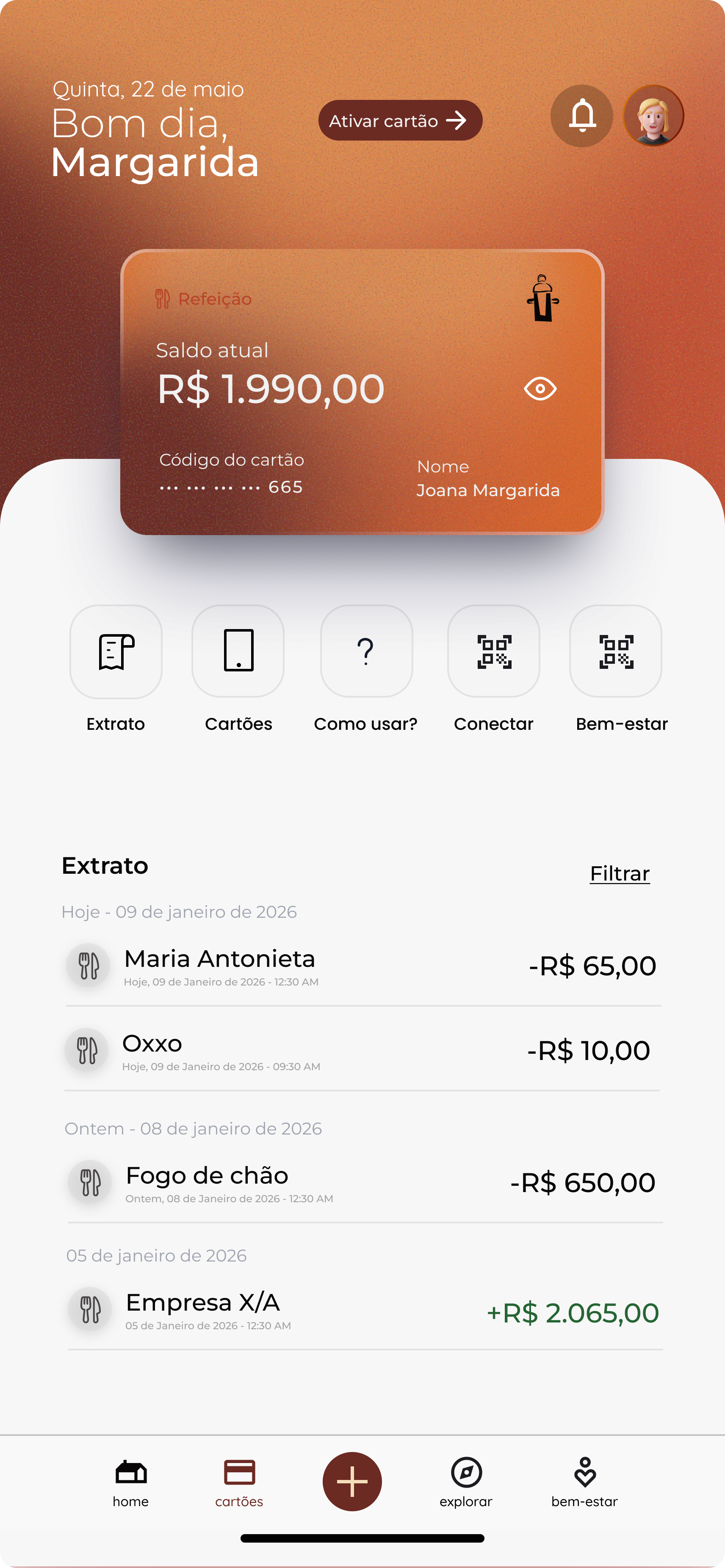 Tela inicial do app mostrando o saldo com opção de ocultar, os gastos por categoria e o gráfico de gastos da semana