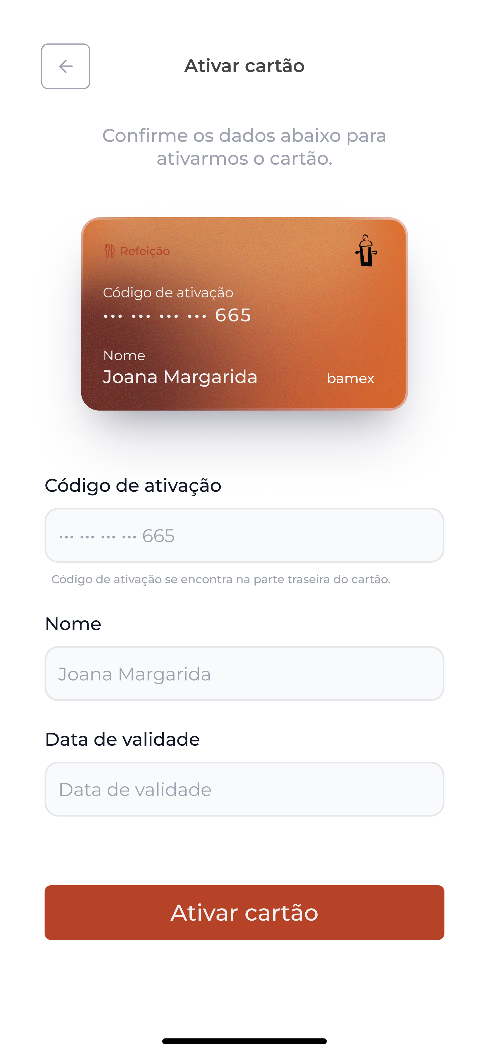 Tela Como usar do app do colaborador com o onboarding de seis passos, de ativar o cartão e cadastrar a senha de transação até pedir a 2ª via e encontrar ajuda